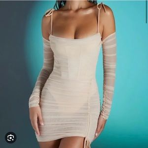 Tie mesh mini dress in sand